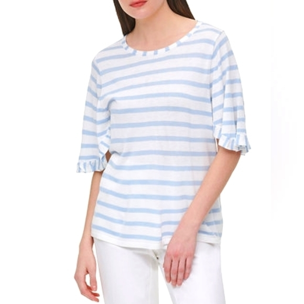 CALVIN KLEIN L Striped Ruffle Sleeve Lightweight Casual Preppy Shirt‎ White Blue